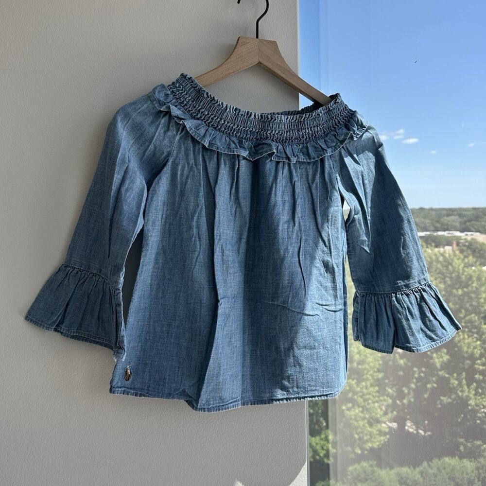 Polo Ralph Lauren Blue Chambray Off Shoulder Ruffle Peasant Blouse Kids 10